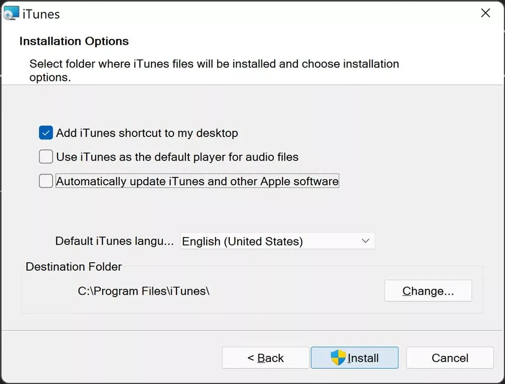 تنظیمات نصب iTunes