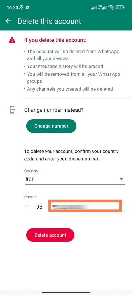 حذف اکانت واتساپ در اندروید – مرحله 7