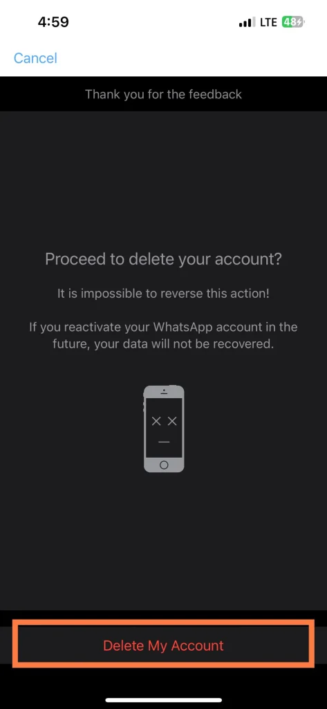 حذف اکانت واتساپ در آیفون – مرحله 4